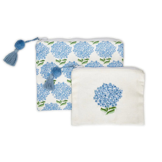 Set Of 2 Hydrangea Multipurpose Pouch w/ Lining & Pom Pom Zipper Pull - Cotton by Two's Company
